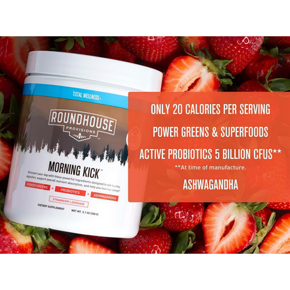 ROUNDHOUSE PROVISION Morning Kick, ZeroSugar Greens Superfood Powder Supplementwith Ashwagandha, Collagen, Probiotics,Debloat Drink, 30 Servings (StrawberryLemonade) by Chuck Norris