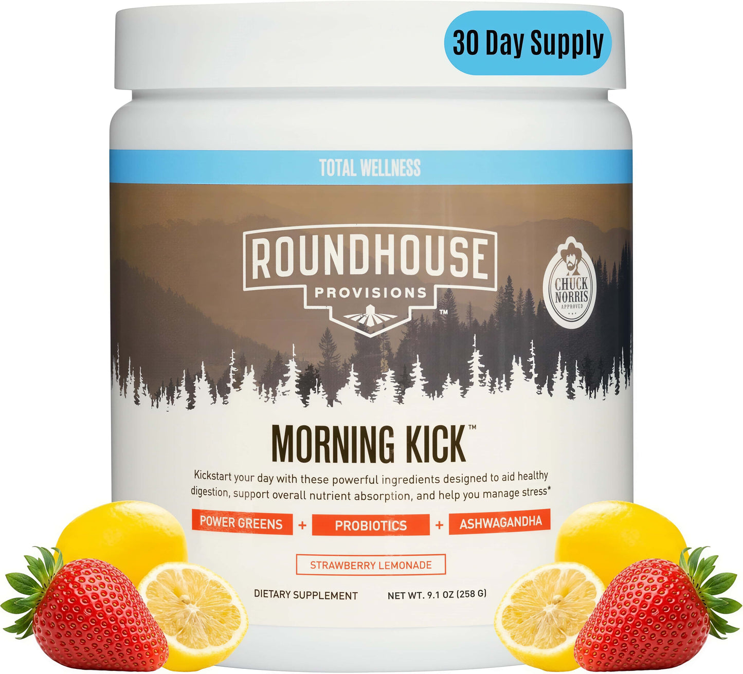 ROUNDHOUSE PROVISION Morning Kick, ZeroSugar Greens Superfood Powder Supplementwith Ashwagandha, Collagen, Probiotics,Debloat Drink, 30 Servings (StrawberryLemonade) by Chuck Norris